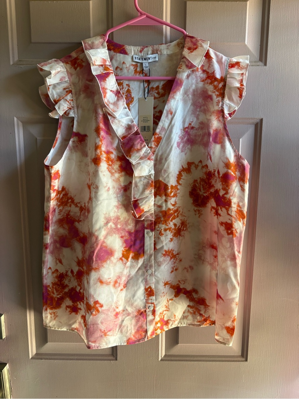 NWT. NYDJ Sleeveless Ruffle V-Neck Tie-Dye Blouse in Pink & Orange